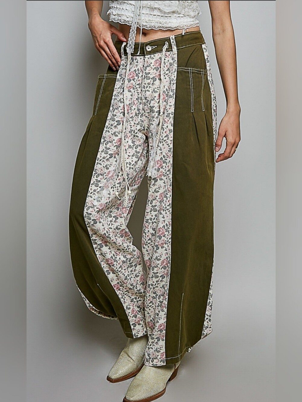 #1844 POL Secret Garden Floral Panel Wide-Leg Pants – Olive